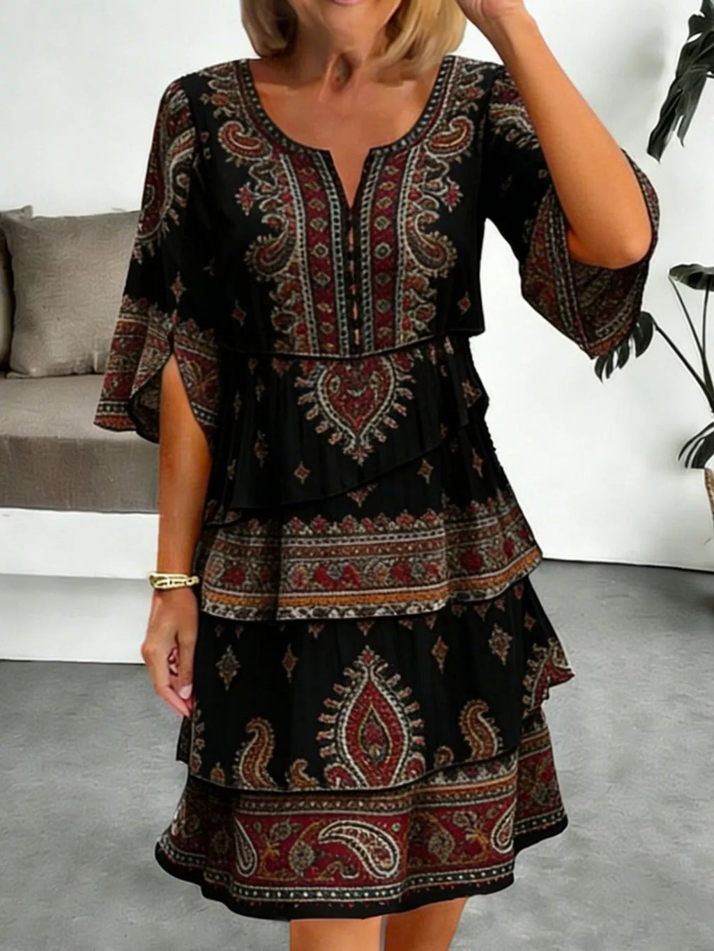 Women's Paisley Print Ruffle Mini Dress Plus Size