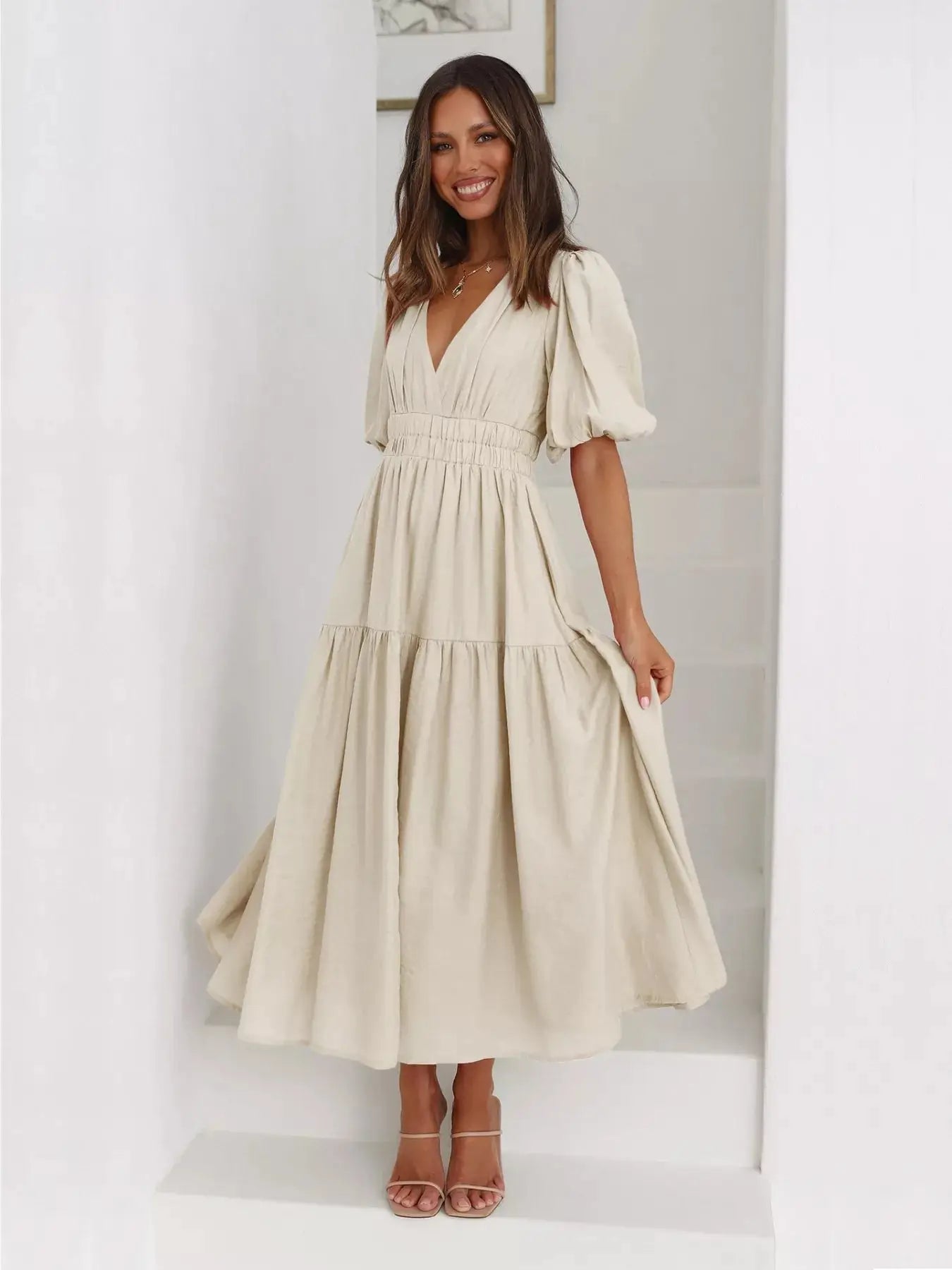 Tiered Puff Sleeve Midi Dress Trendsi