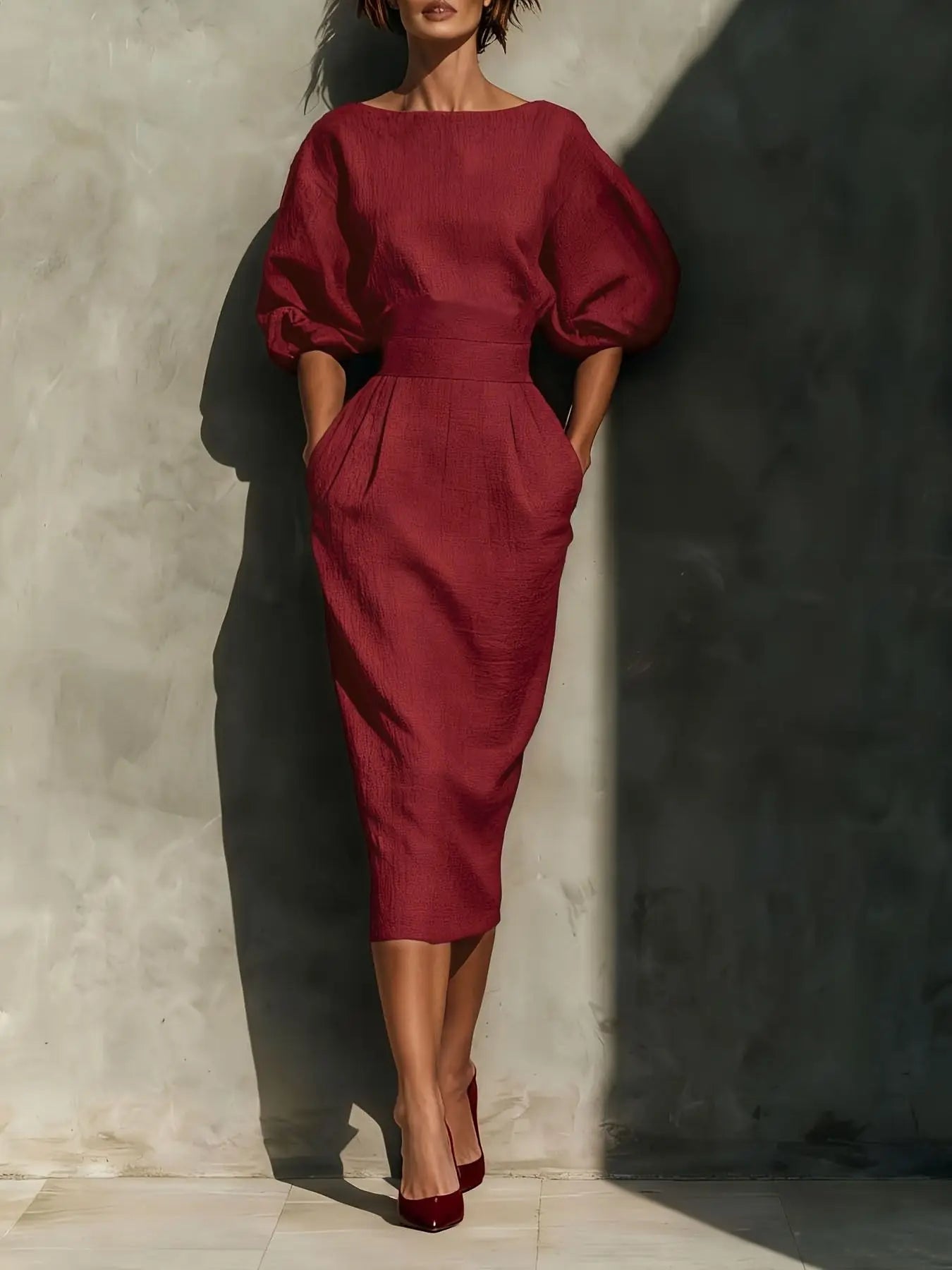 Round Neck Puff Sleeves Midi Dress Trendsi