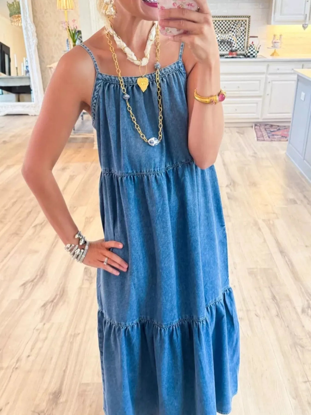 Women's Denim Dress – Tiered Ruffle Midi
