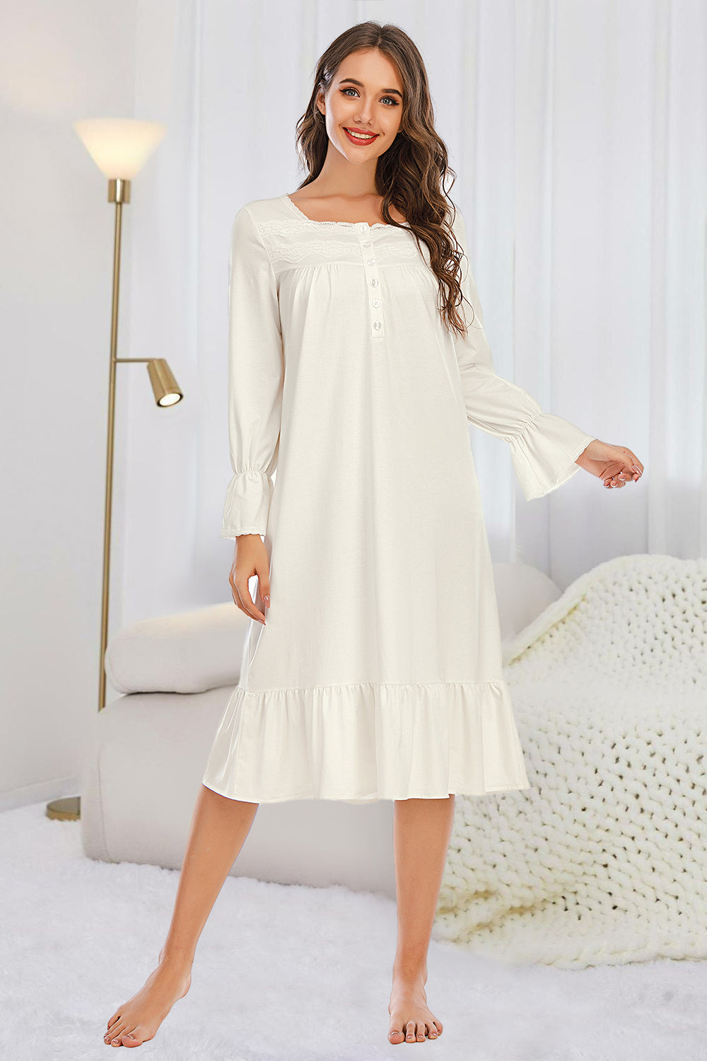 Women's Flounce Sleeve Ruffle Hem Night Dress