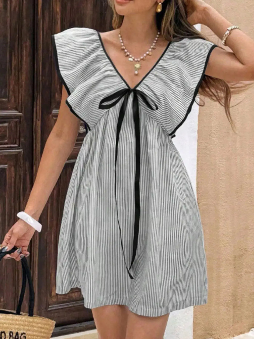 Striped Ruffle Sleeve Mini Dress Trendsi