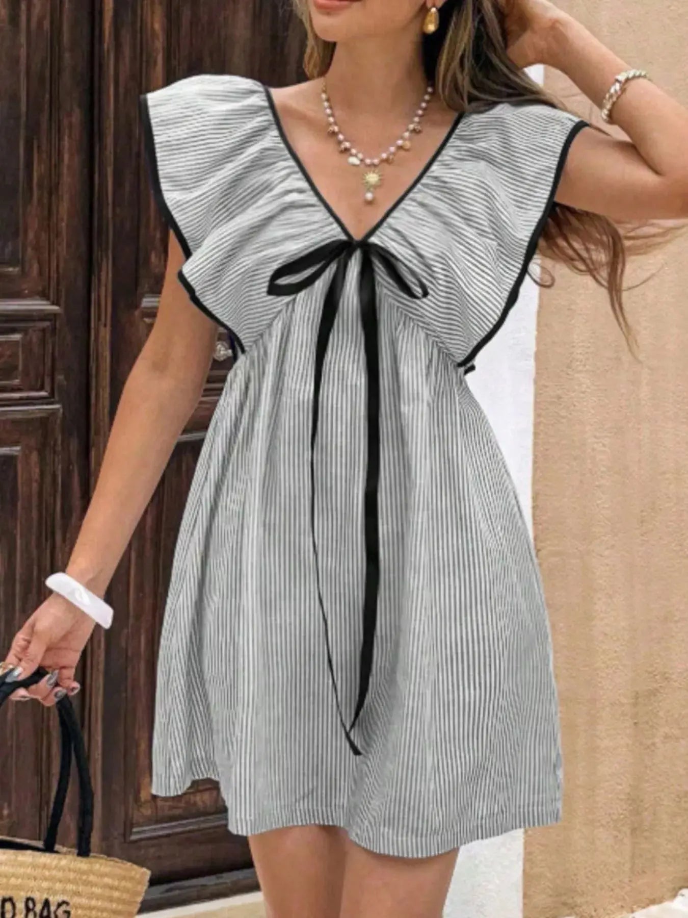 Striped Ruffle Sleeve Mini Dress Trendsi