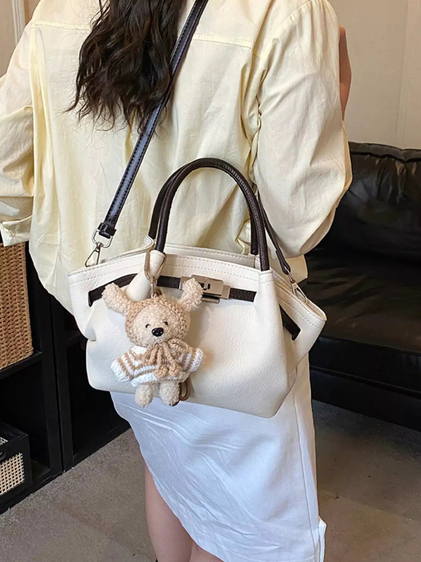 Mini PU Leather Buckle Decor Crossbody Bag With Bear Charm — Parfymia