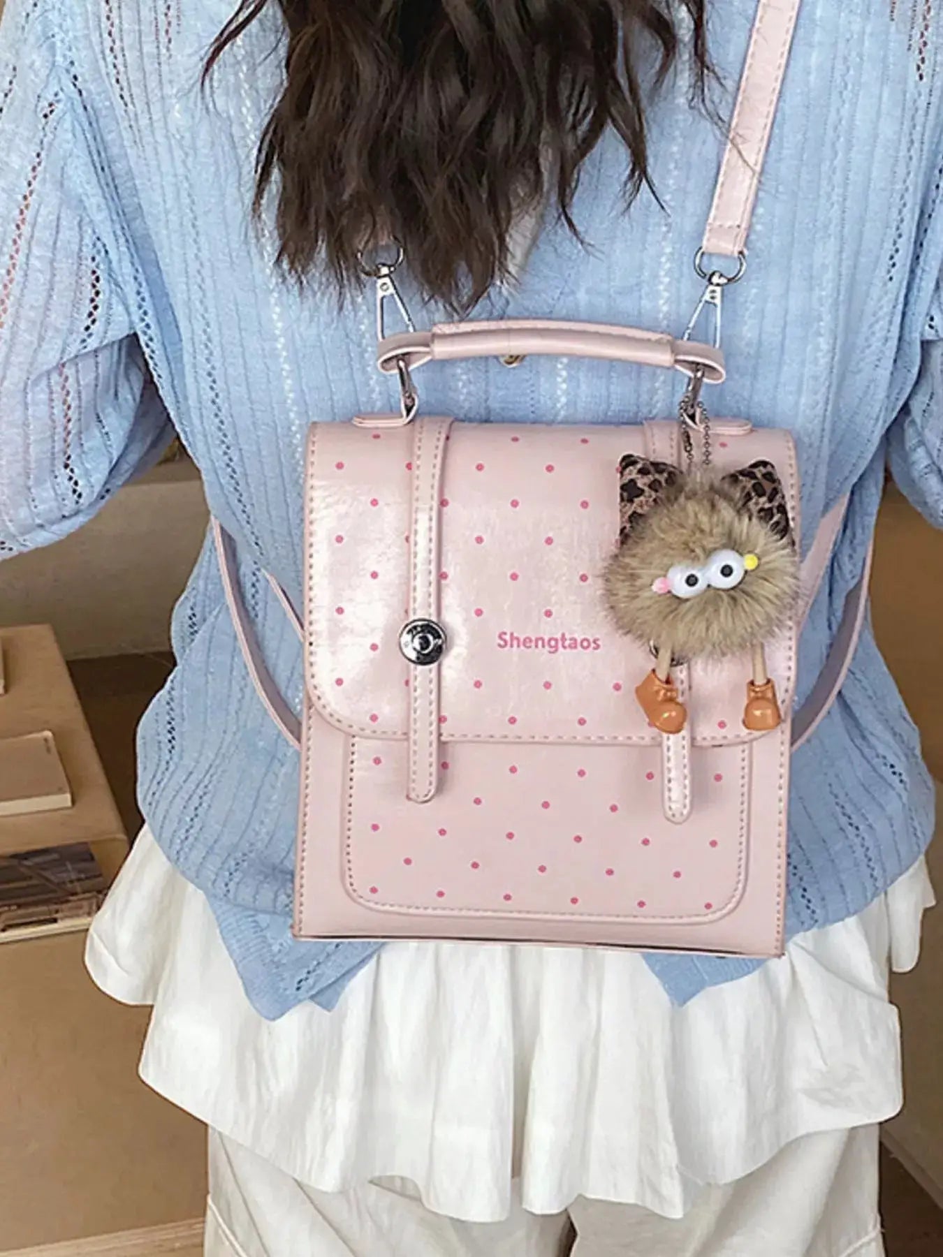 Pink Polka Dot Mini PU Leather Backpack Bag With Fur Charm — Parfymia