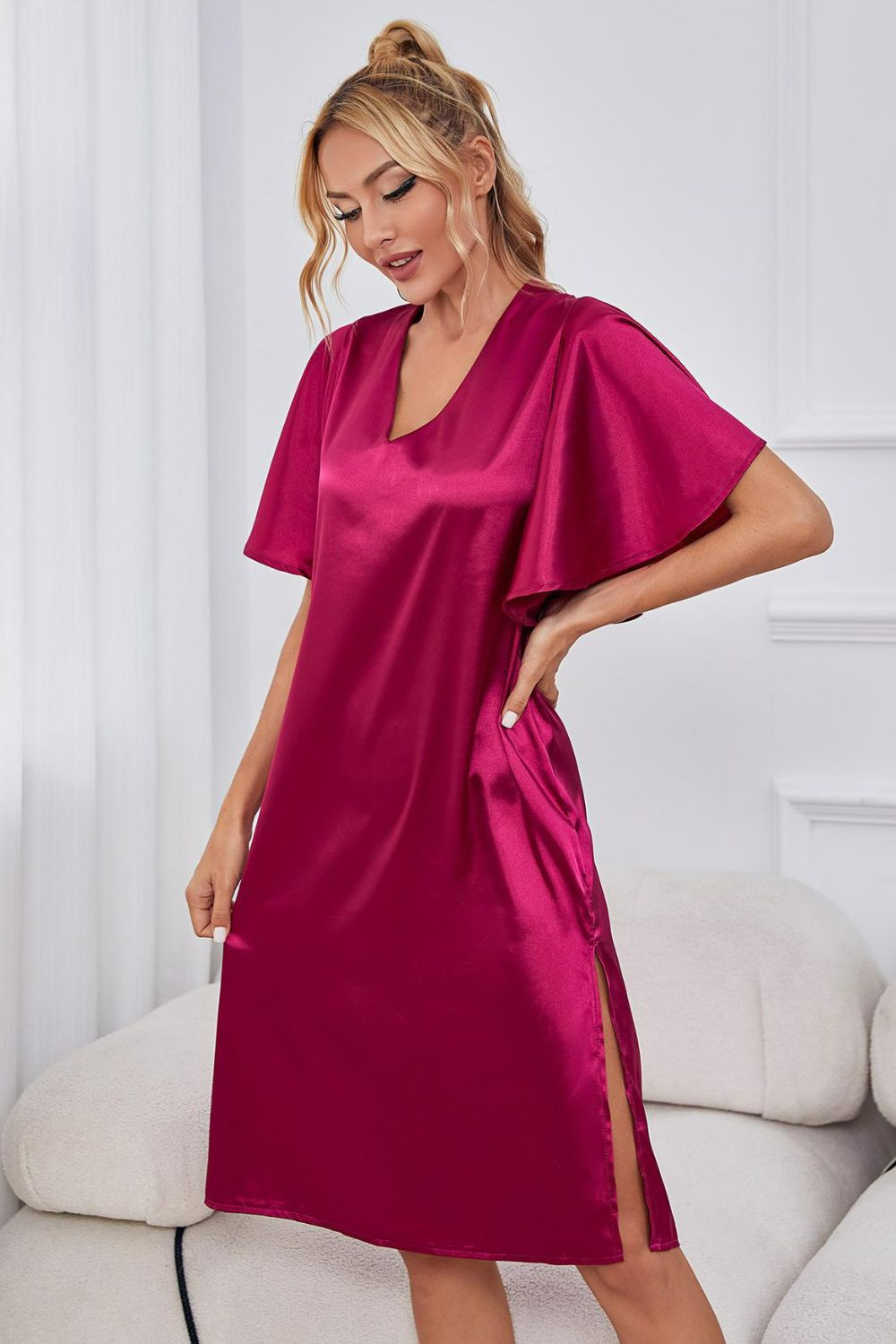 Women's Satin V-Neck Night Dress with Flutter Sleeves