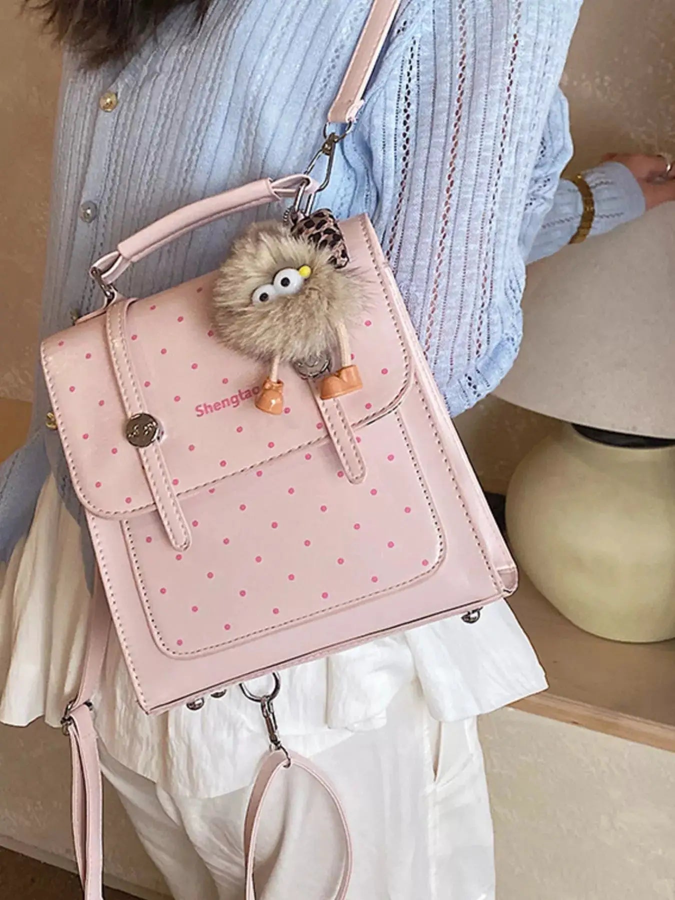 Pink Polka Dot Mini PU Leather Backpack Bag With Fur Charm — Parfymia