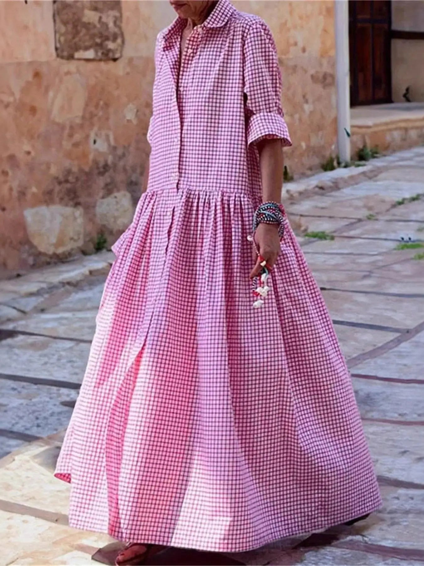 Vintage Gingham Maxi Shirt Dress Trendsi