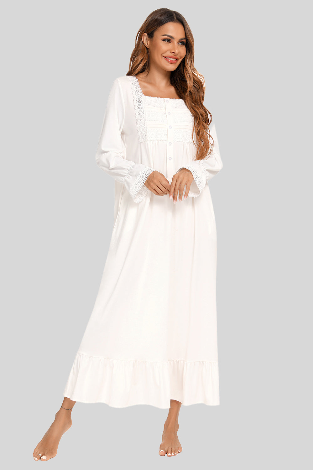 Women's Night Dress – Lace Square Neck Flounce Sleeve