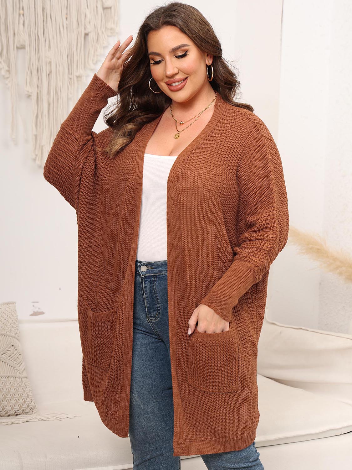 Women's Plus Size Open Front Cardigan With Pockets