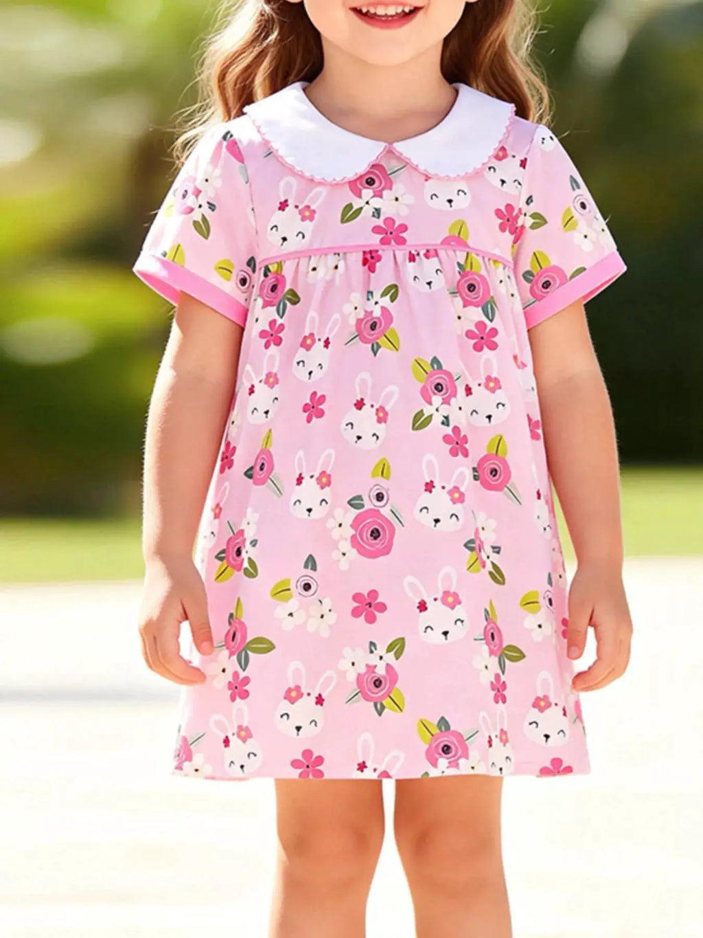 Pink Bunny Floral Print Peter Pan Collar Dress for Girls — Parfymia