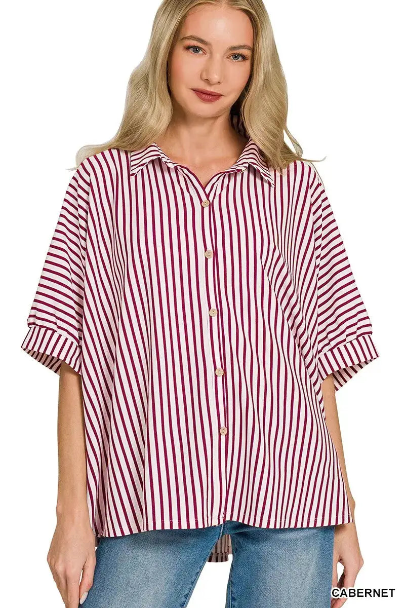 Zenana Oversized Stripe Button Down Shirt by Trendsi