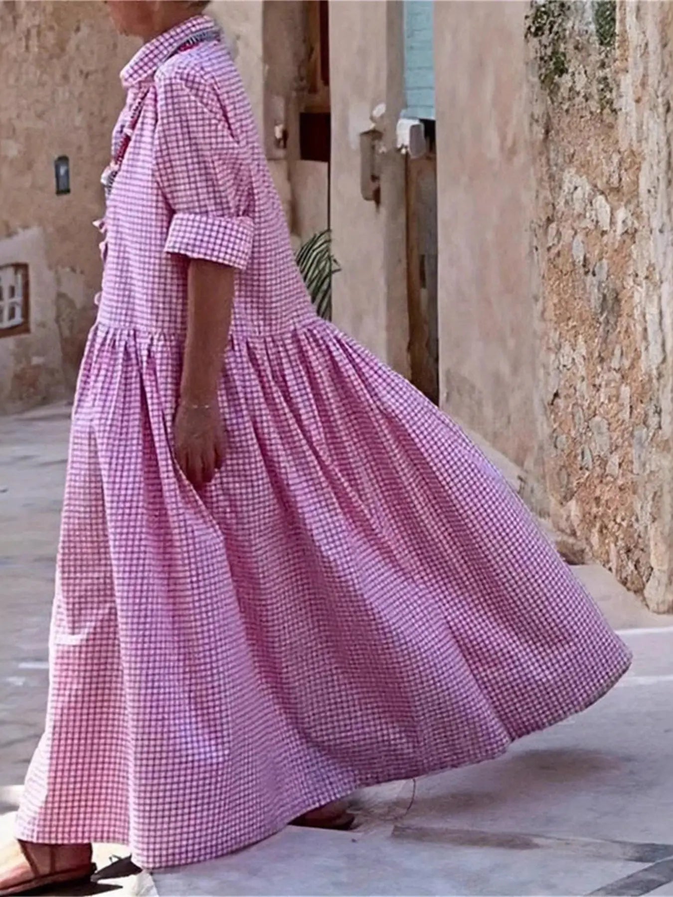 Vintage Gingham Maxi Shirt Dress Trendsi