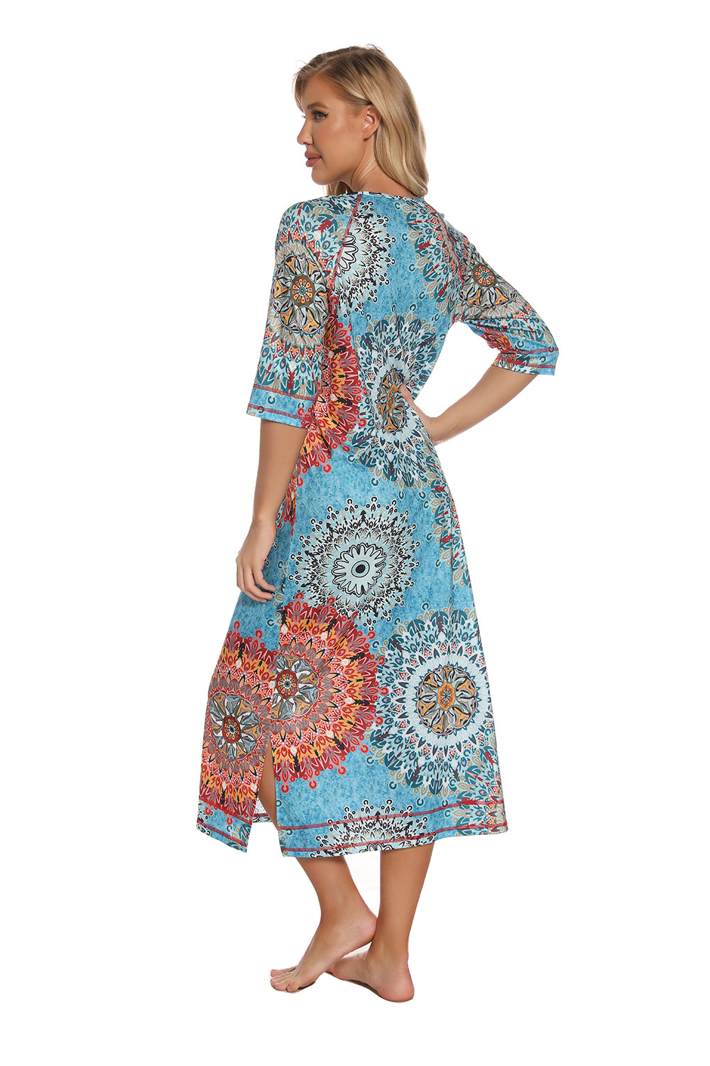 Women's Printed Slit Night Dress with Pockets