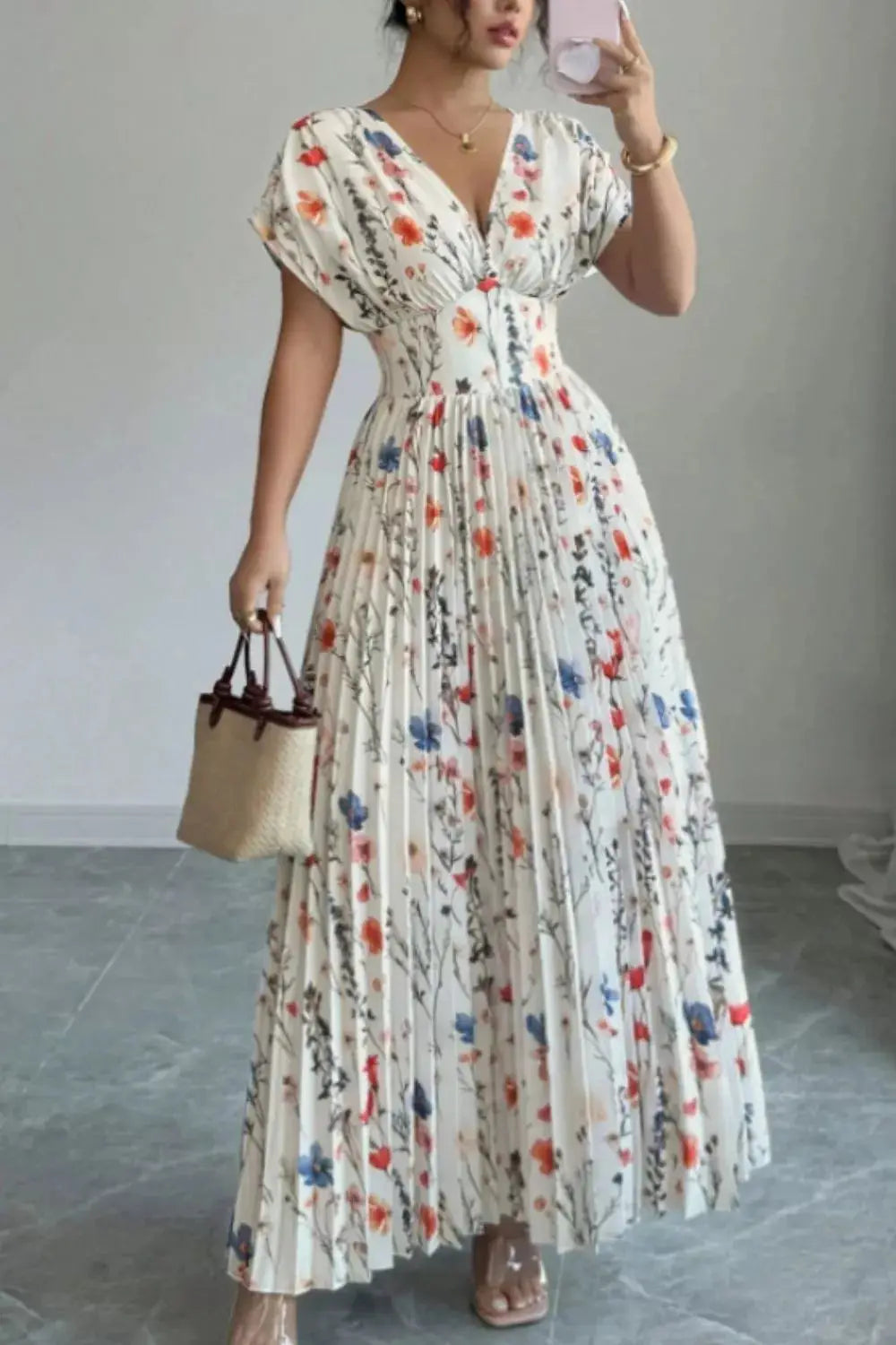 Floral Print Pleated Maxi Dress Trendsi