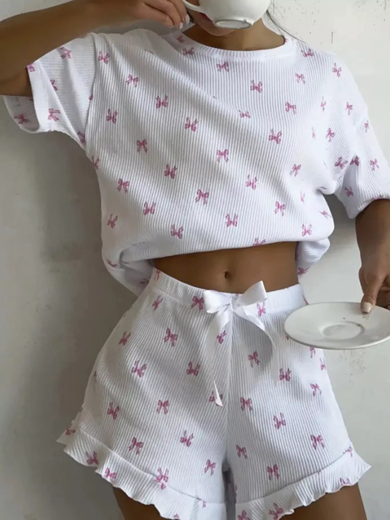 Women's Loungewear Set Ribbed Knit Bow Print