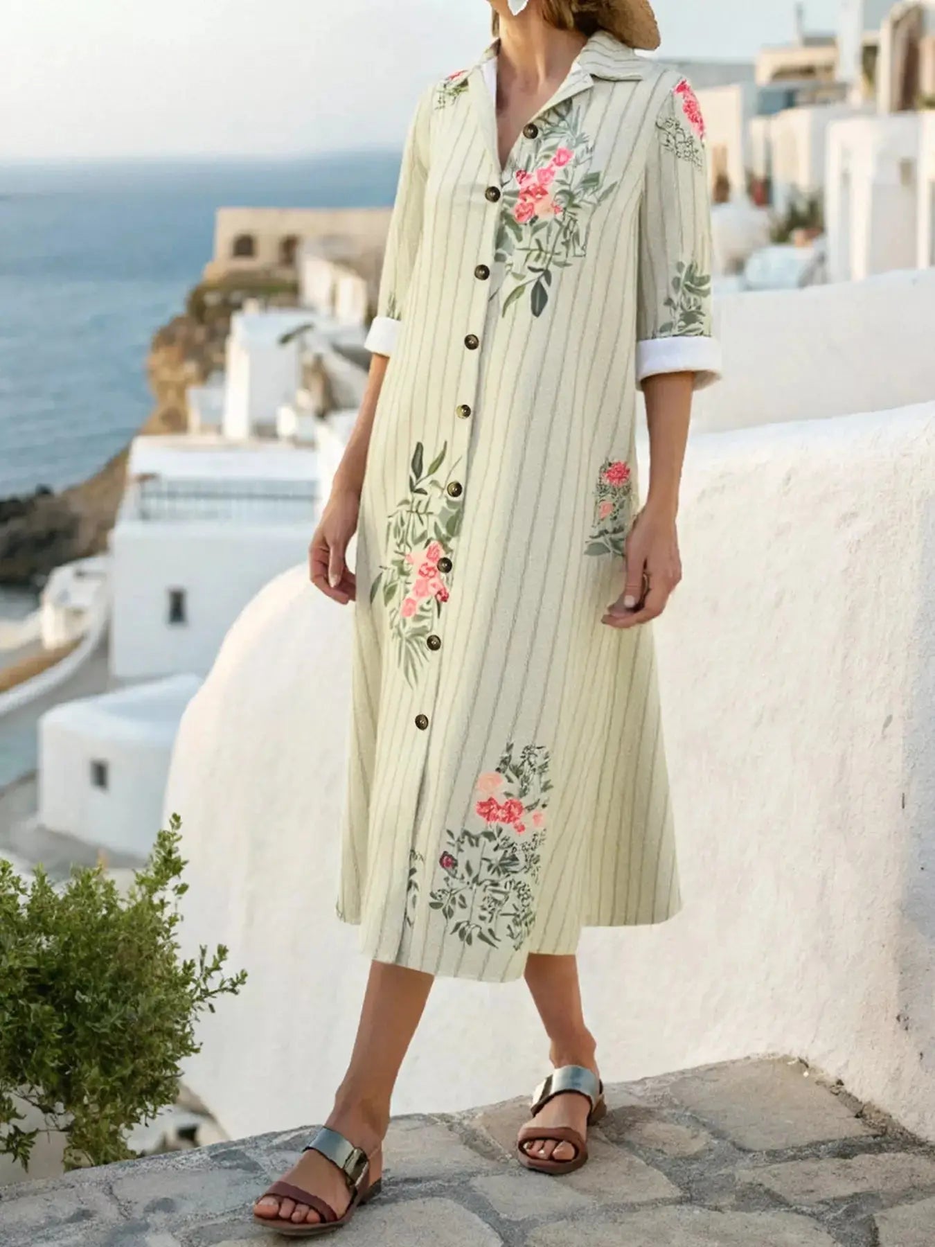 Plus Size Floral Striped Button-Down Midi Shirt Dress Trendsi