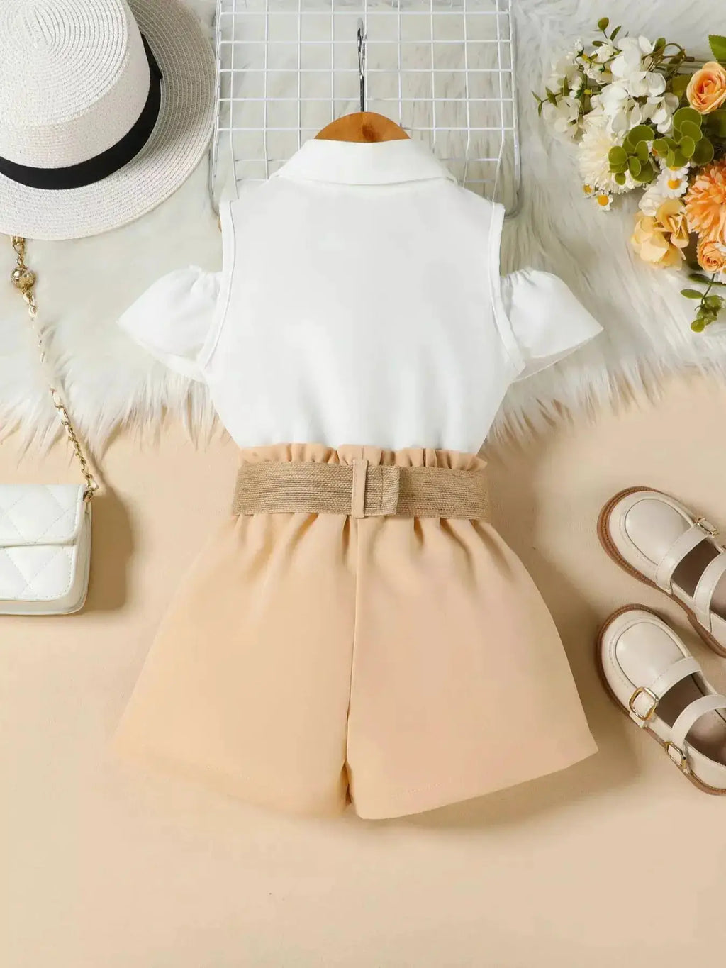 Girls White Ruffle Cold Shoulder Top and Shorts Set with Belt — Parfymia