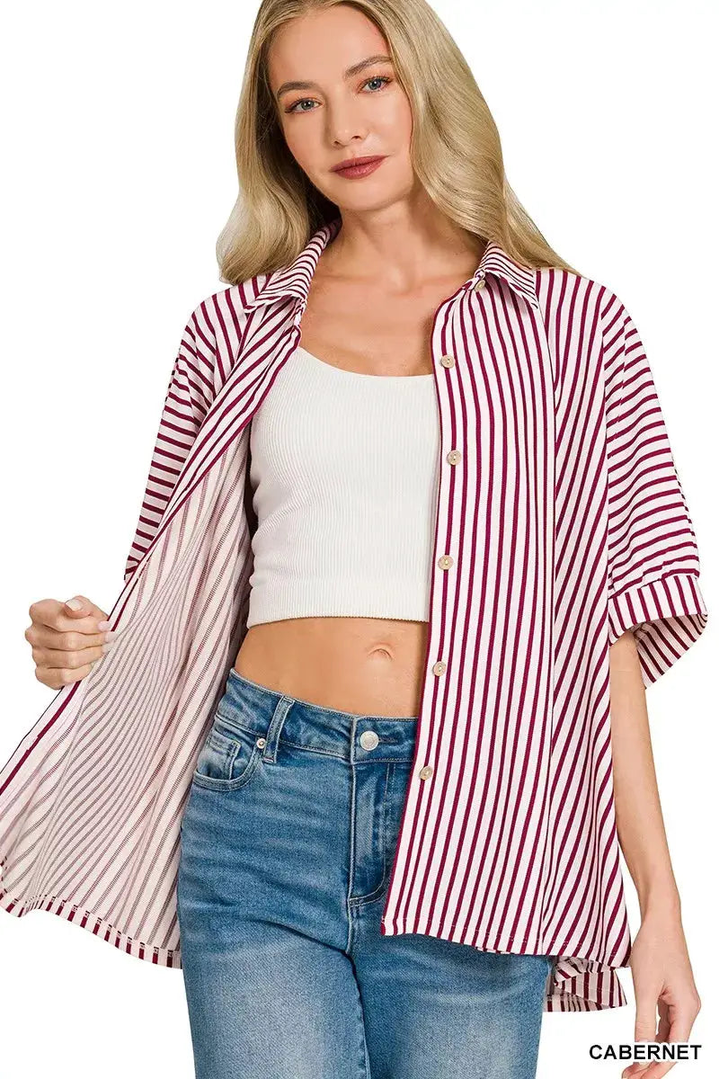 Zenana Oversized Stripe Button Down Shirt by Trendsi