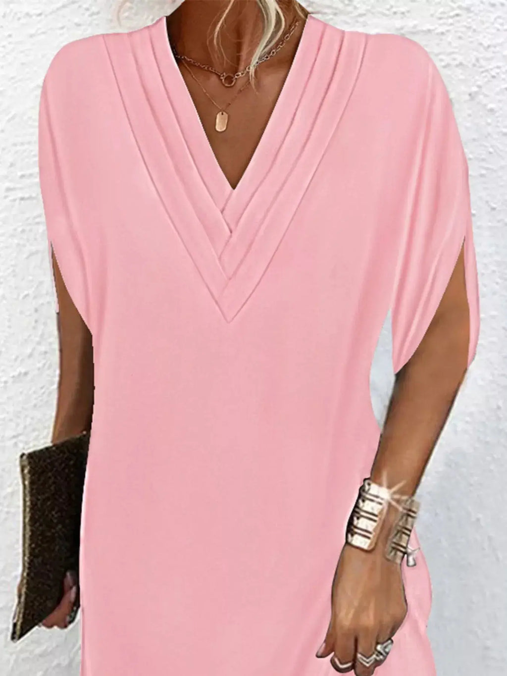 Full Size V-Neck Slit Sleeve Mini Dress Plus Size Trendsi