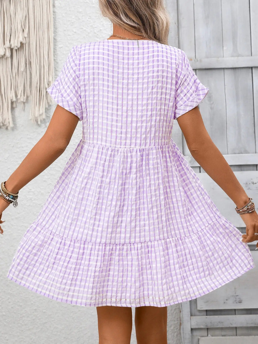 Plaid V-Neck Ruffle Hem Mini Dress Trendsi