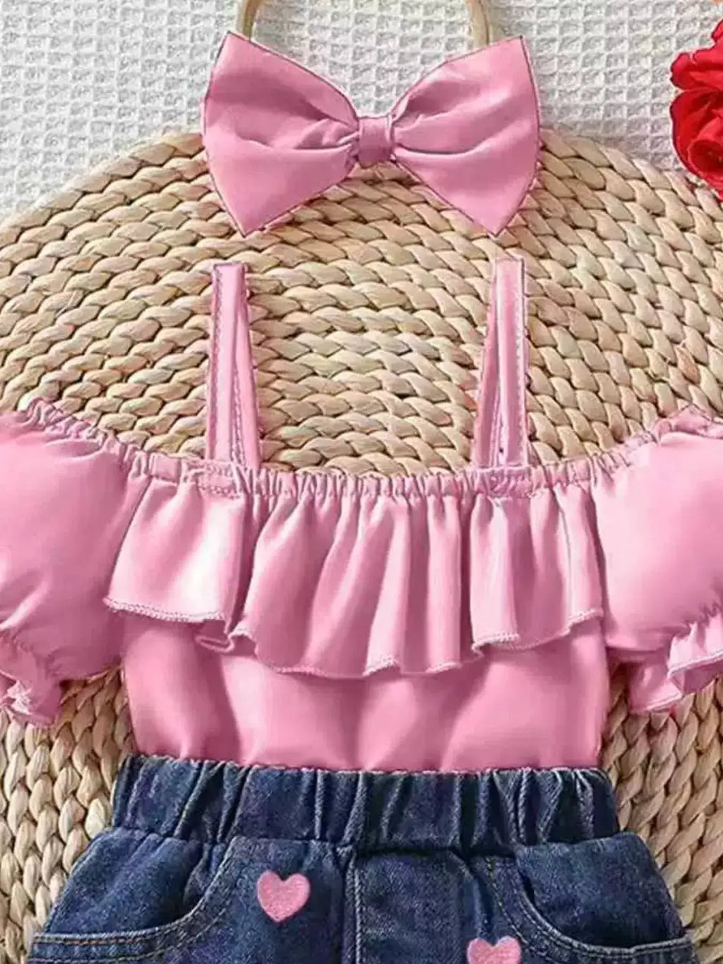Children's Ruffled Top & Heart Embroidered Denim Shorts Set by Trendsi