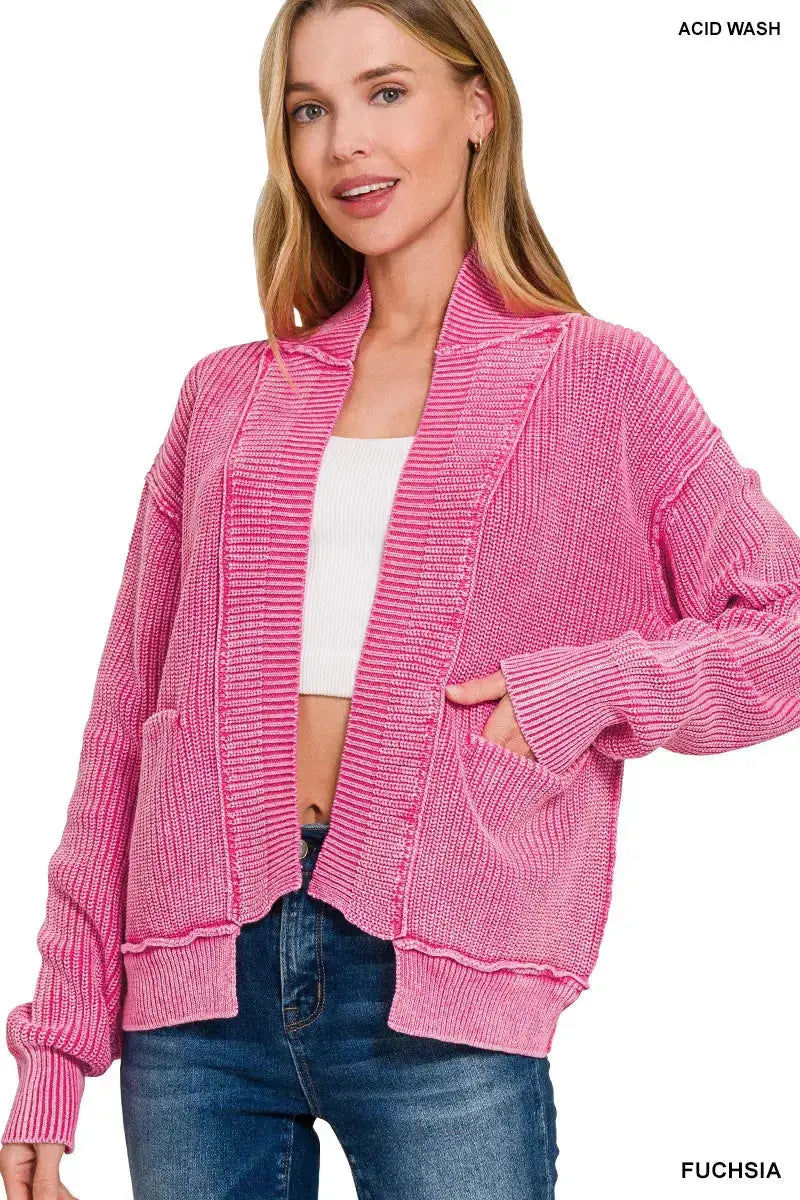 Zenana Washed Dropped Shoulder Cardigan With Side Pockets Pink Knit — Parfymia