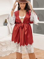 Women's Plus Size Lace Patchwork Tie Front Robe