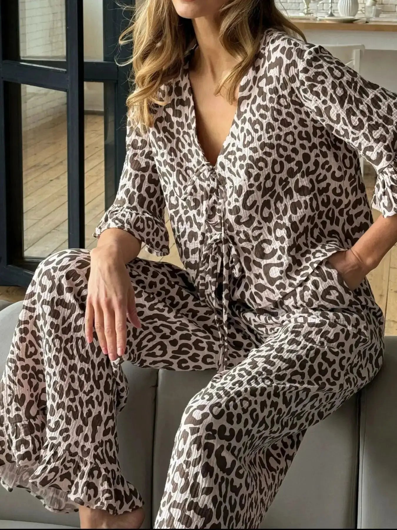 Leopard Print Lounge Set with Ruffle Trim in Cotton