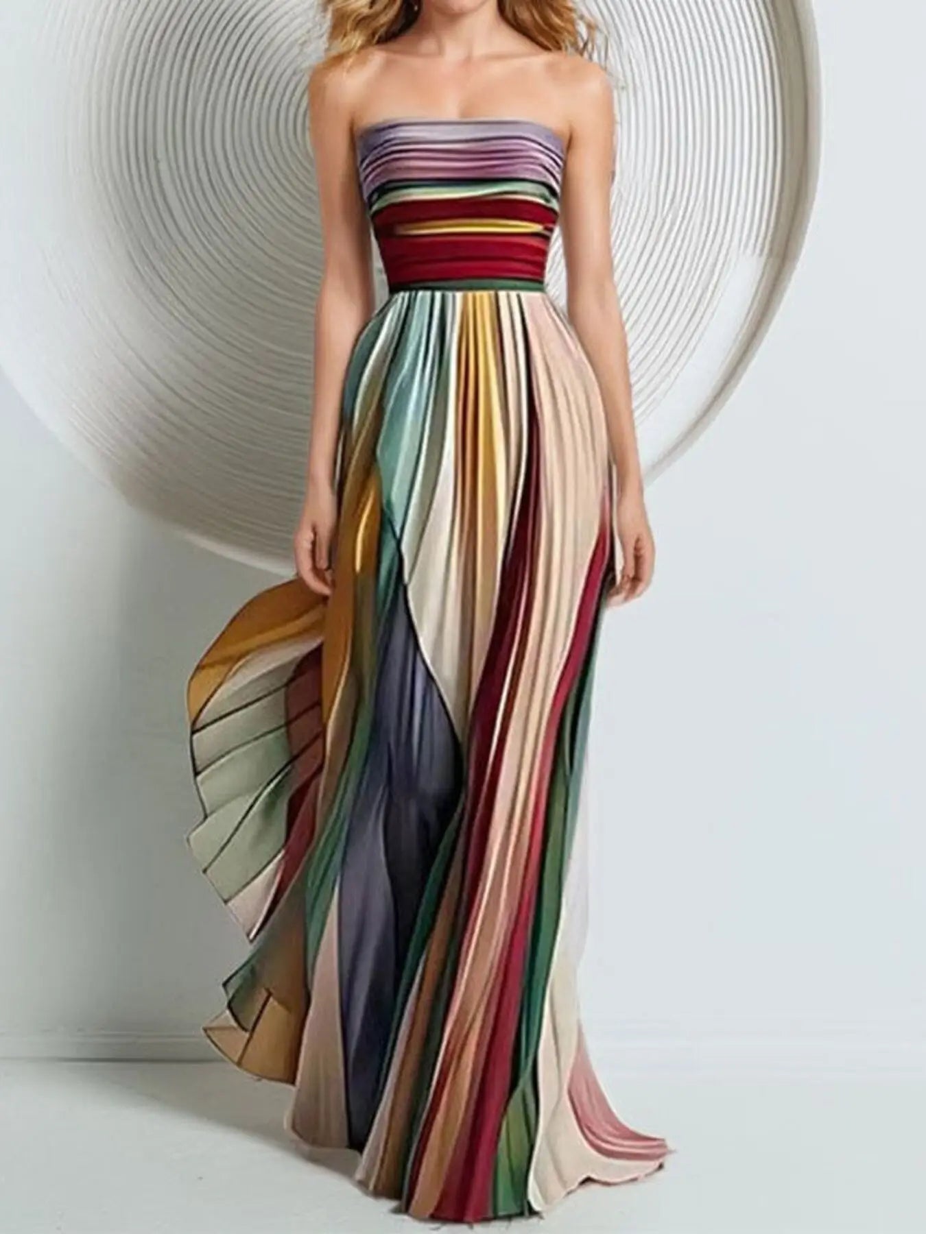 Striped Pleated Strapless Maxi Dress Trendsi