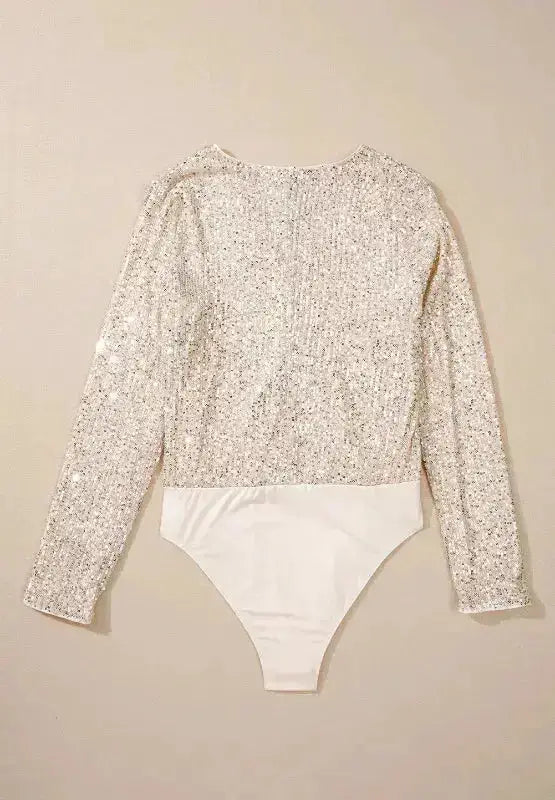 Sequin Surplice Long Sleeve Bodysuit by Parfymia