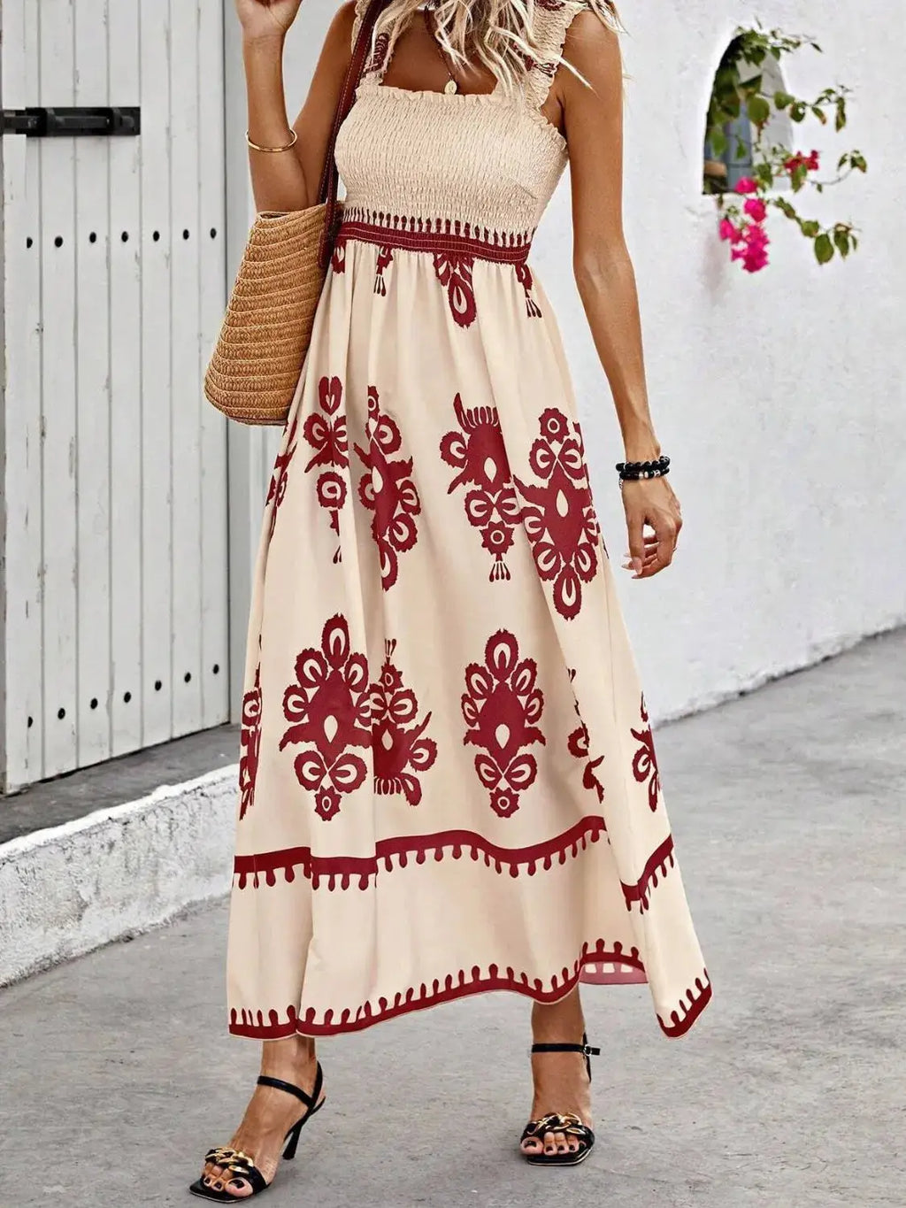 Smocked Printed Wide Strap Maxi Dress Trendsi