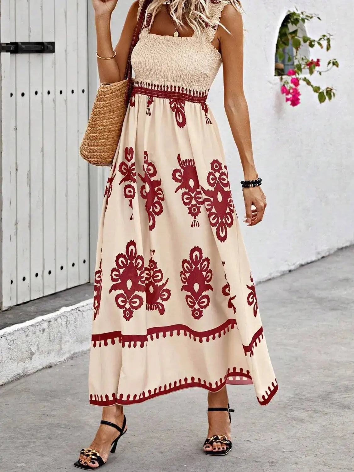 Smocked Printed Wide Strap Maxi Dress Trendsi