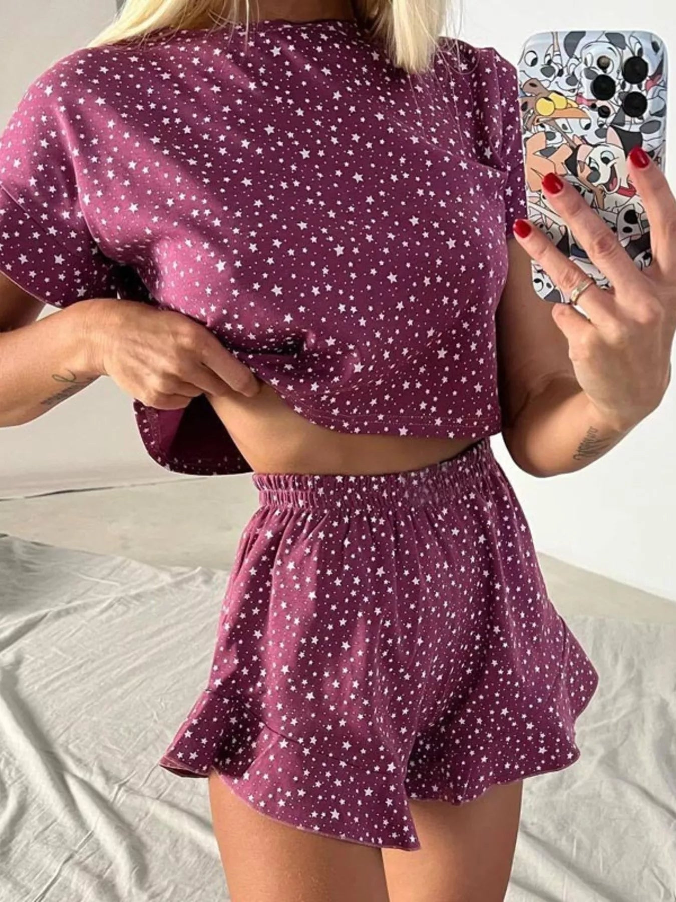 Women's Loungewear Set – Printed Crop Top & Ruffled Shorts