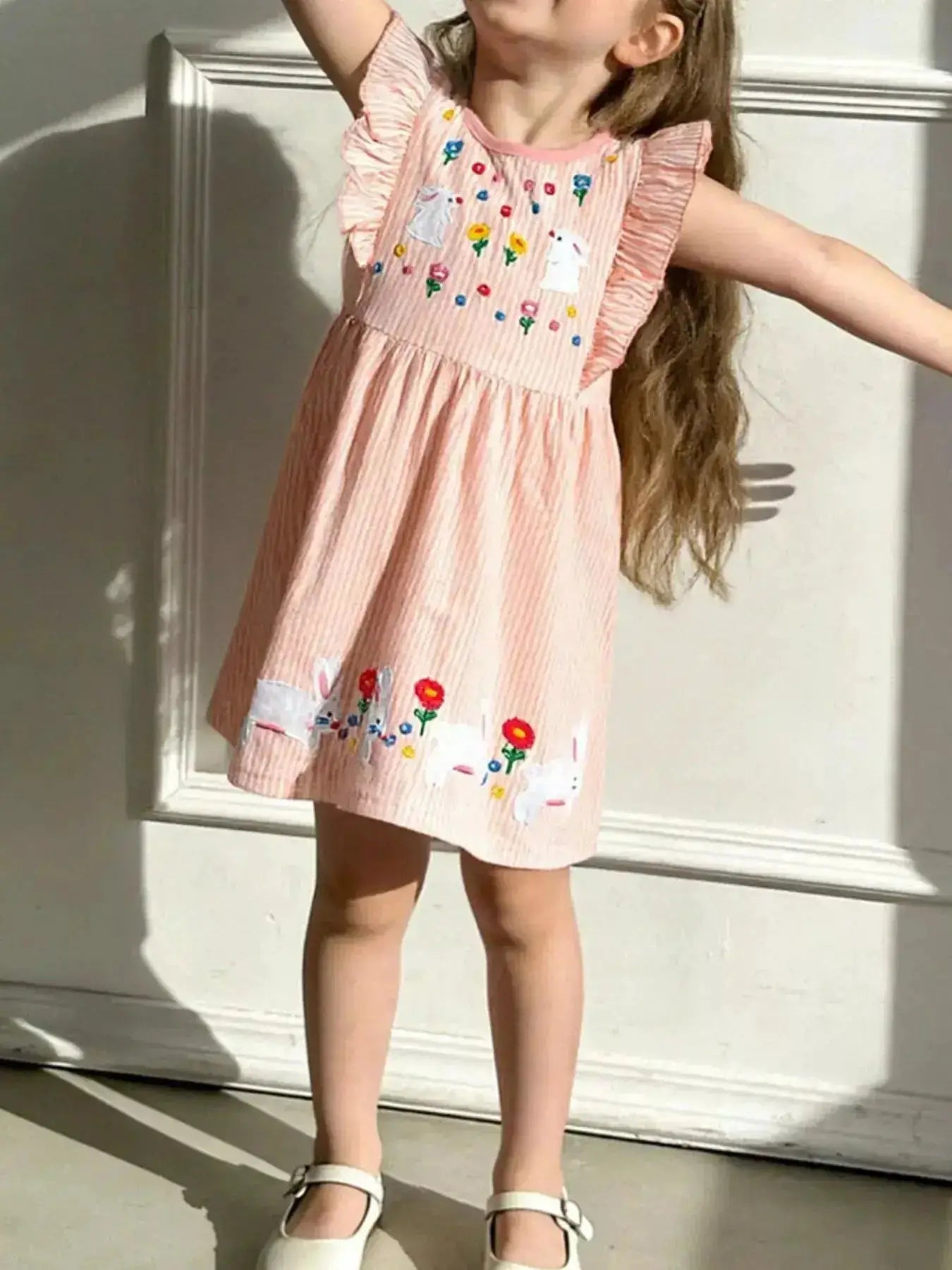 Embroidered Bunny Dress for Children with Ruffle Sleeves by Parfymia
