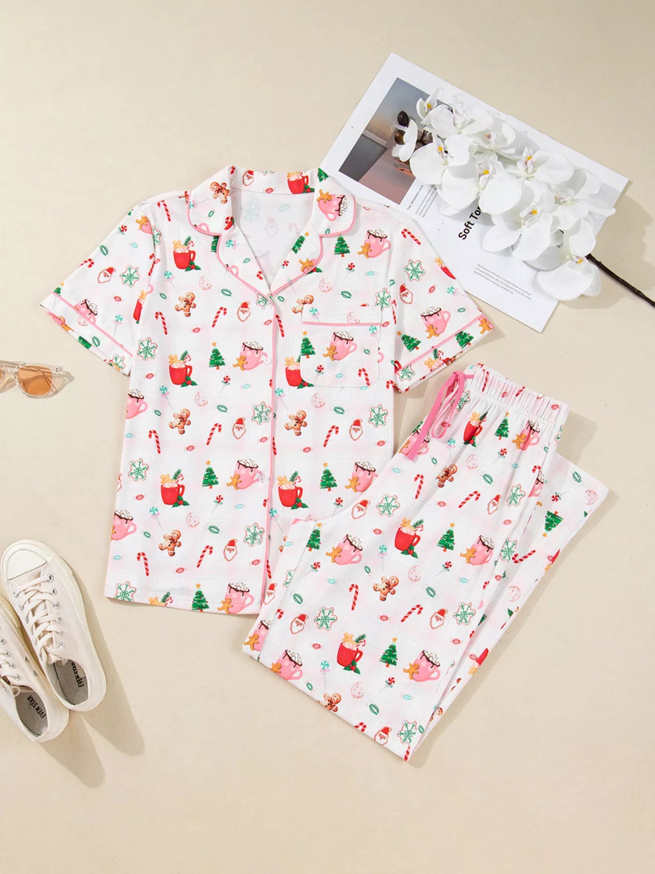 Women's Pajama Set – Holiday Print Blush
