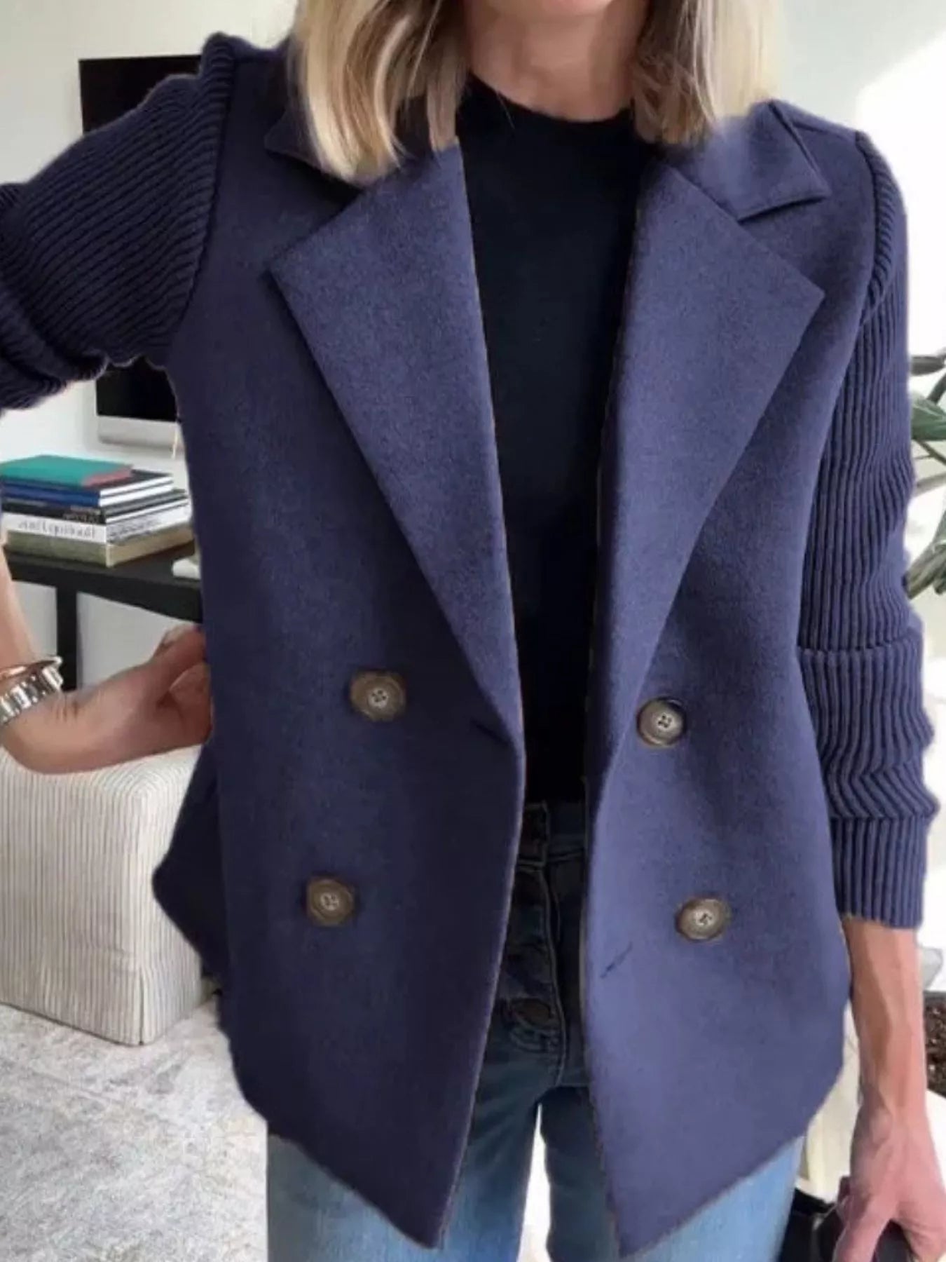 Women's Double-Breasted Jacket with Knit Sleeves