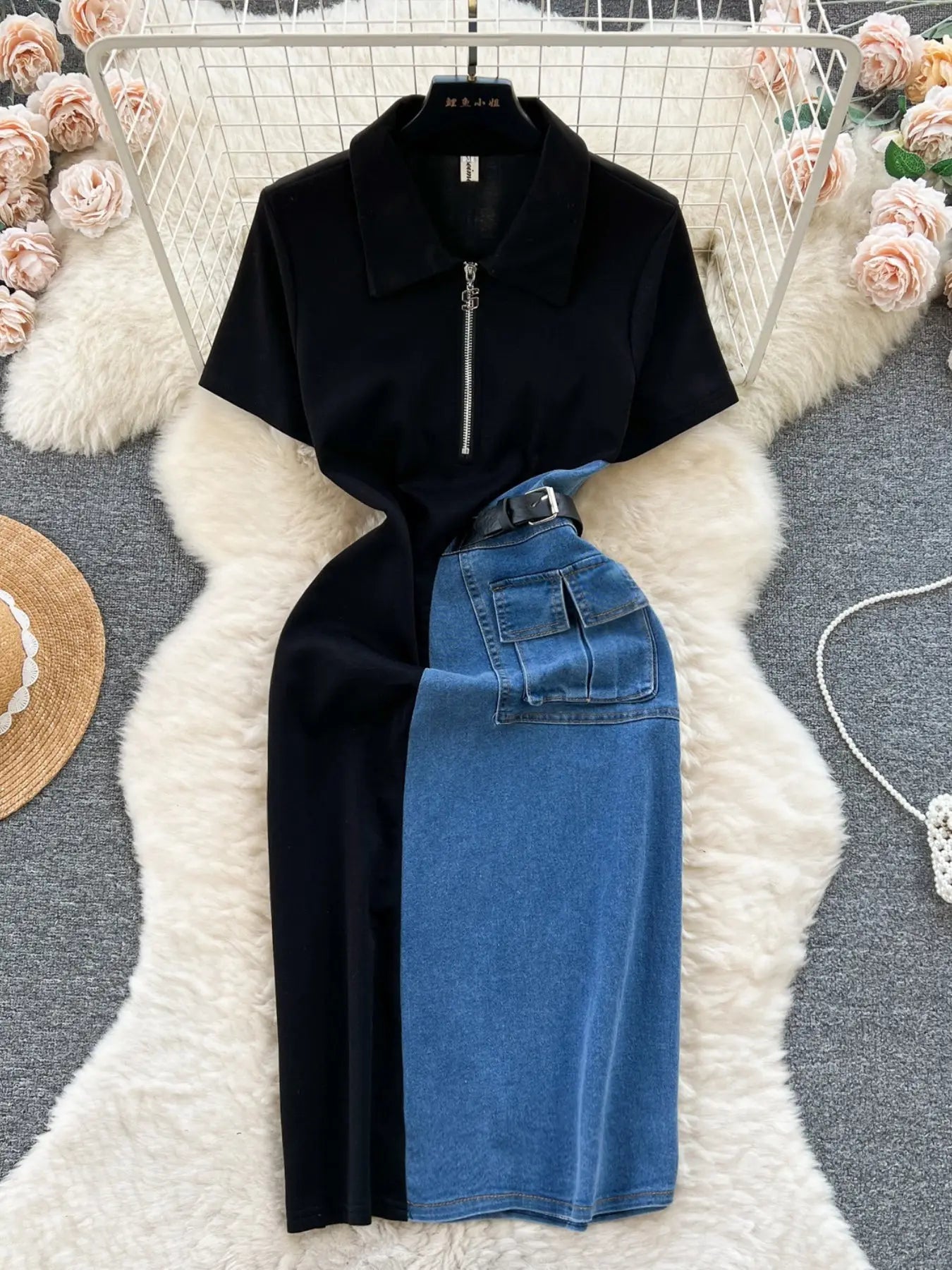 Full Size Color Block Denim Patchwork Short Sleeve Midi Dress Plus Size Trendsi