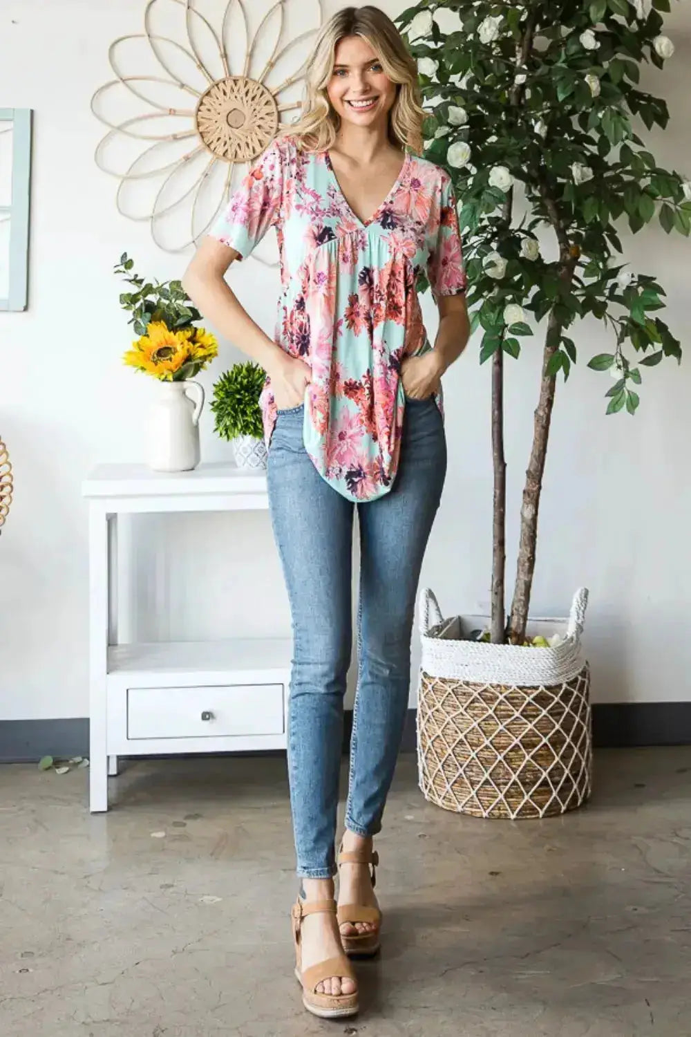 Floral V-Neck Babydoll Blouse by Heimish by Parfymia