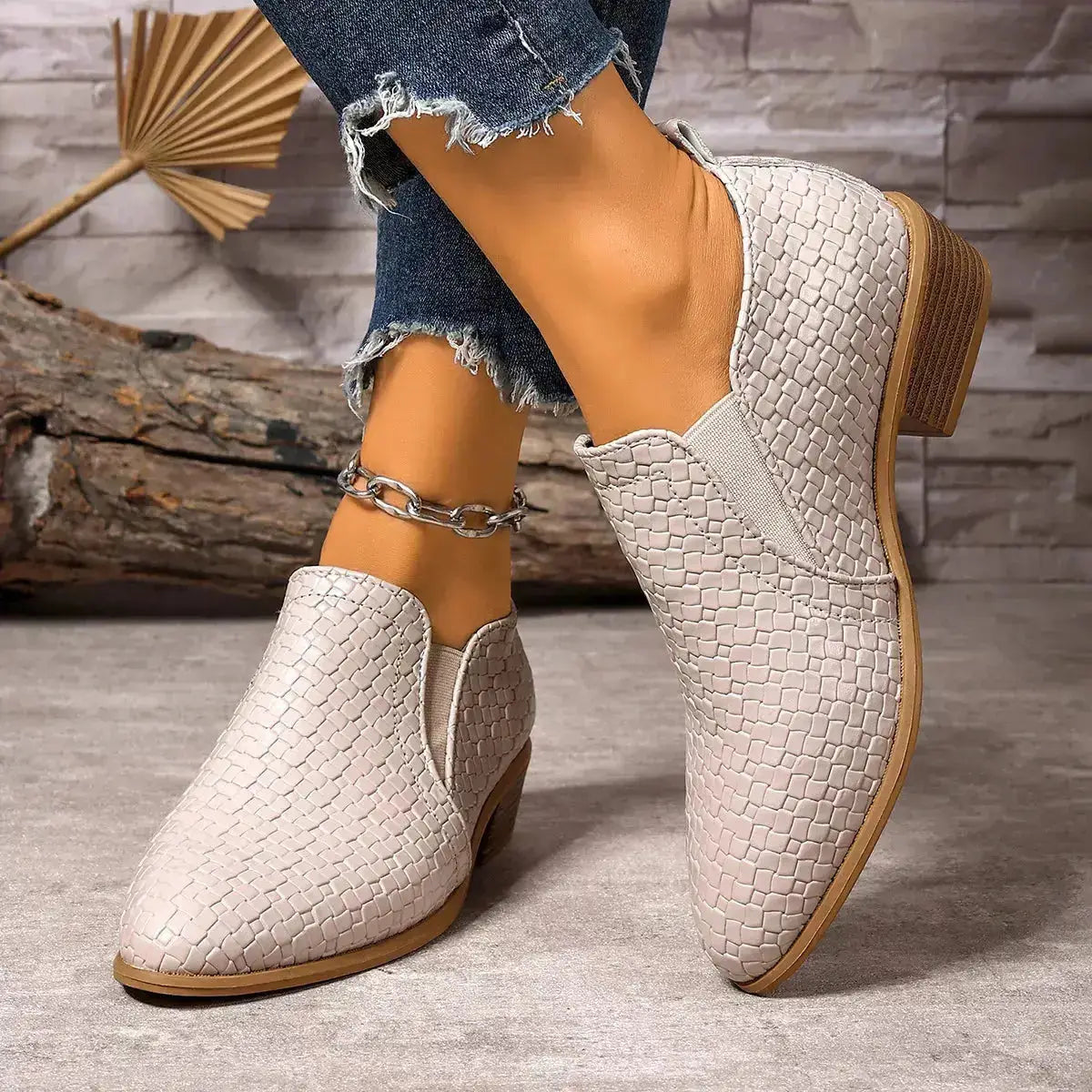 PU Leather Point Toe Block Heels Ankle Boots by Parfymia