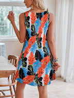 Tropical Leaf Print V-Neck Sleeveless Dress