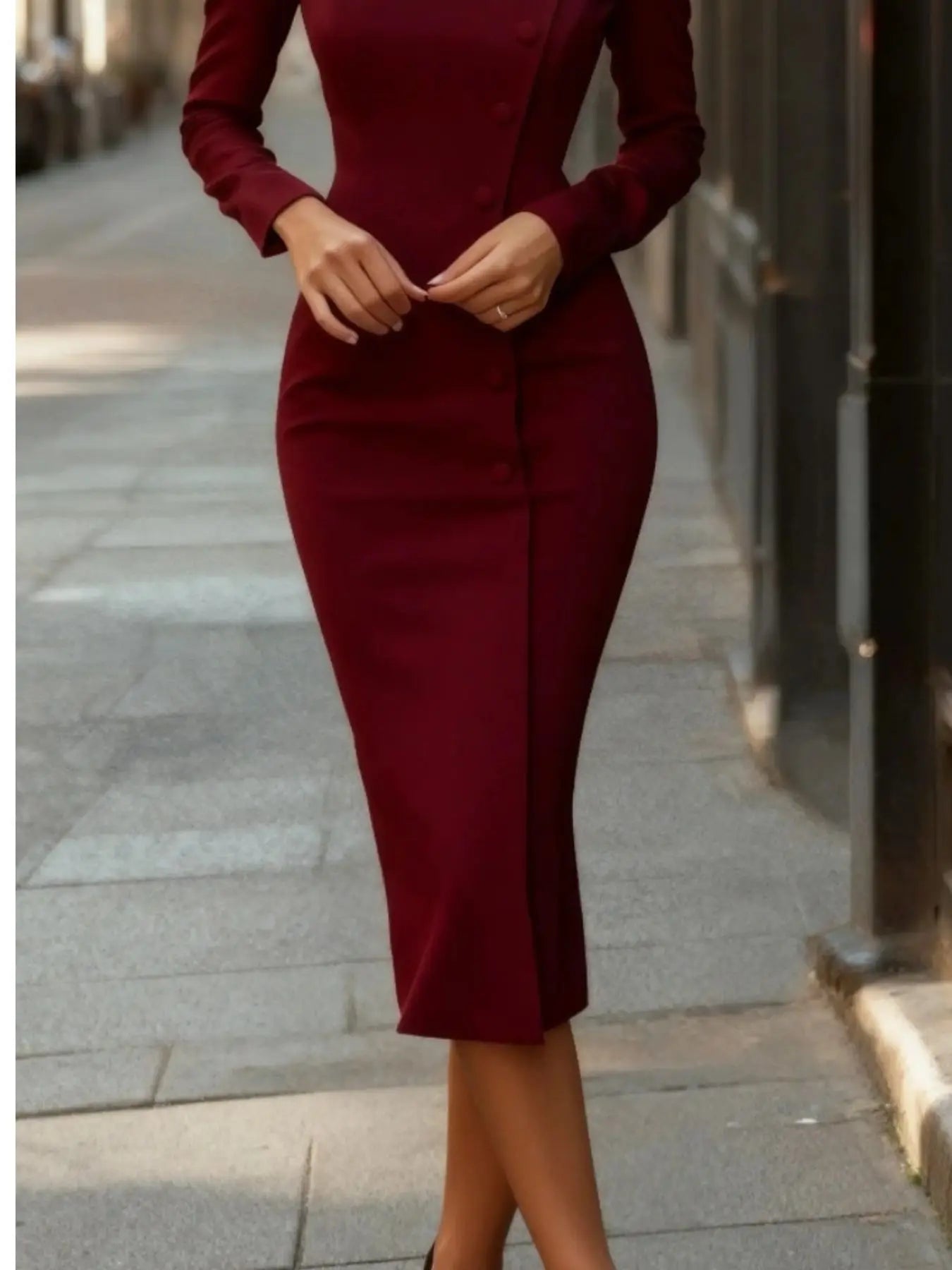 Button Front Long Sleeve Midi Dress Trendsi