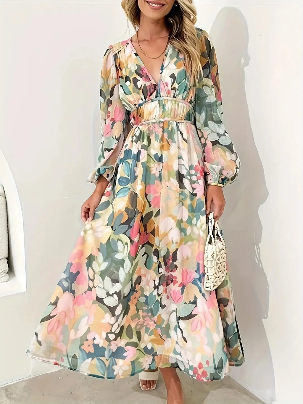 Floral Print Long Sleeve Midi Dress Trendsi