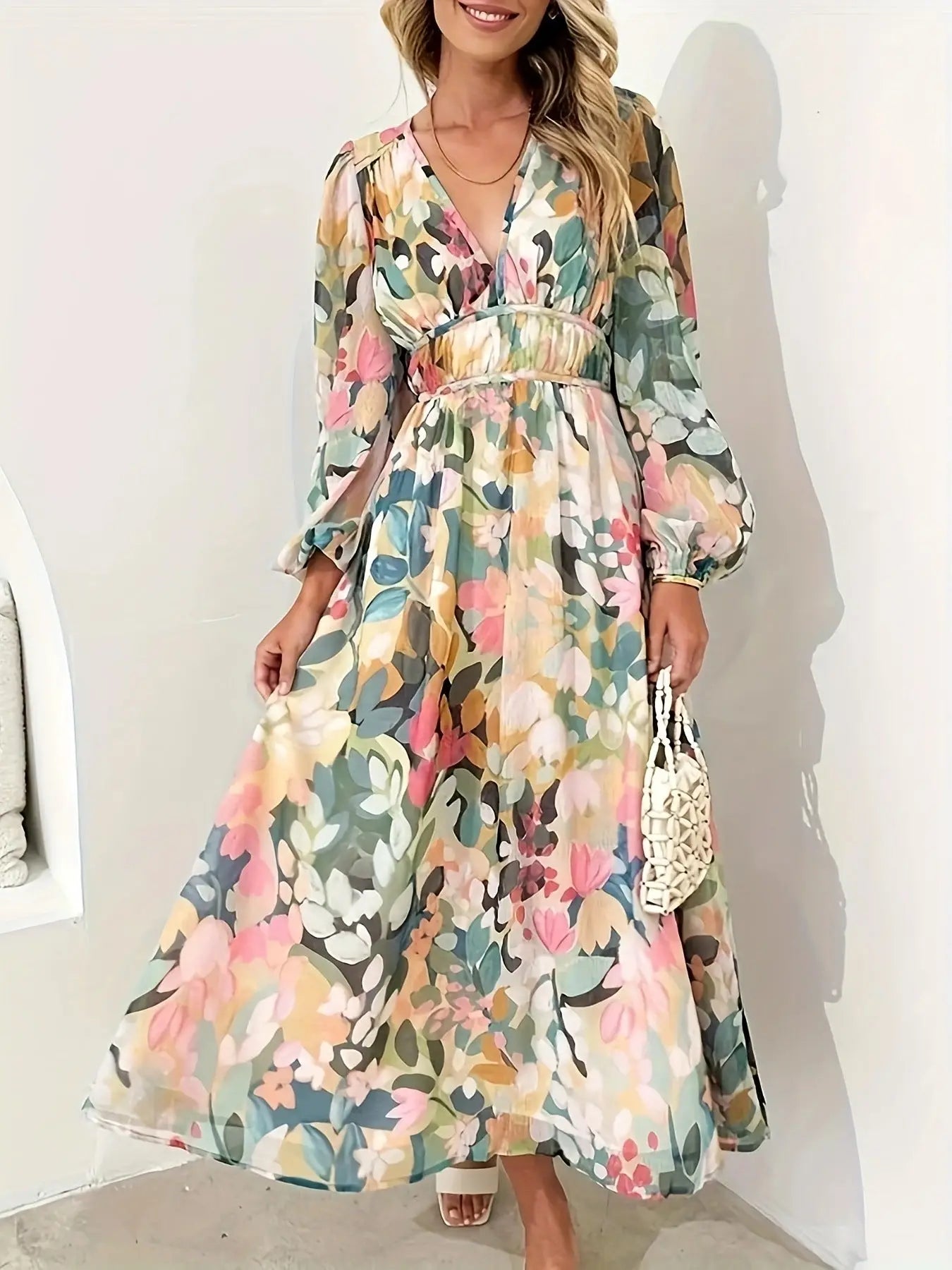 Floral Print Long Sleeve Midi Dress Trendsi