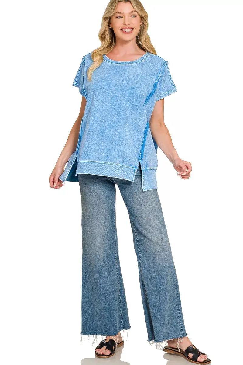 French Terry Halo Snow Washed Oversized Hi Low Crew Neck Top — Parfymia