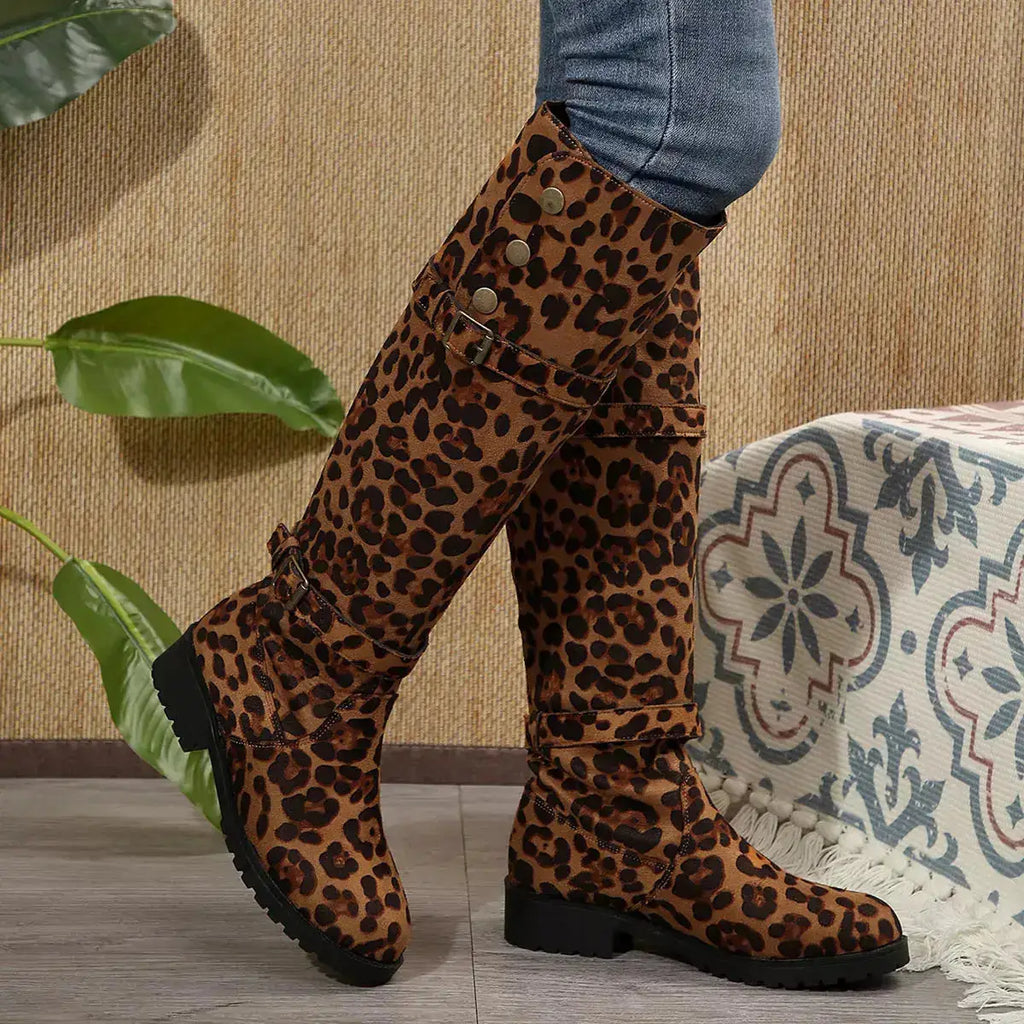 Leopard Block Heels Boots for Women in PU Leather by Parfymia