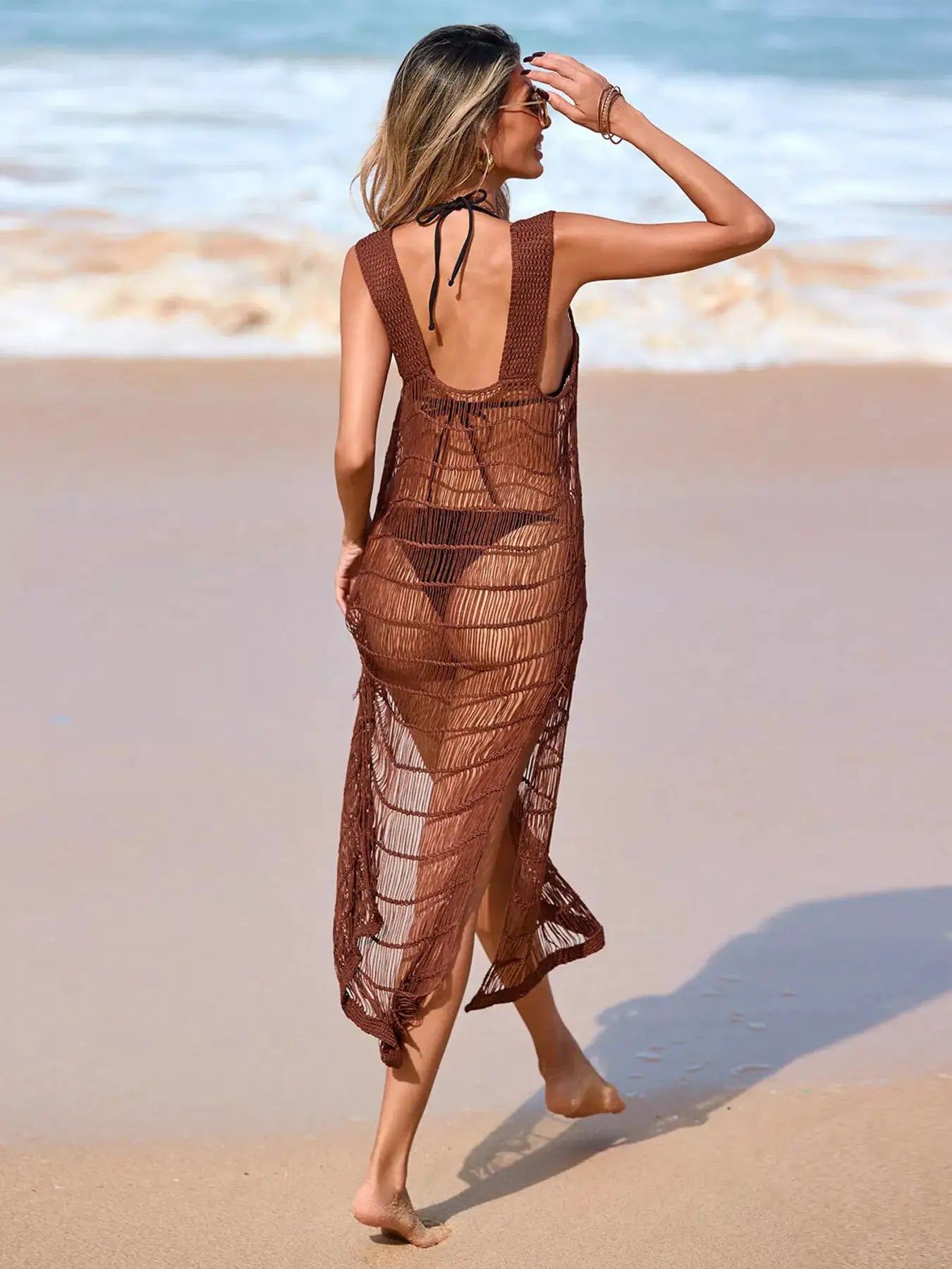 Sleeveless Crochet Knit Slit Cover-Up Dress by Trendsi