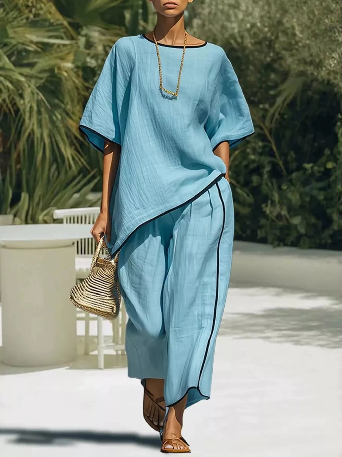 Women's Pants Set – Contrast Trim Two-Piece