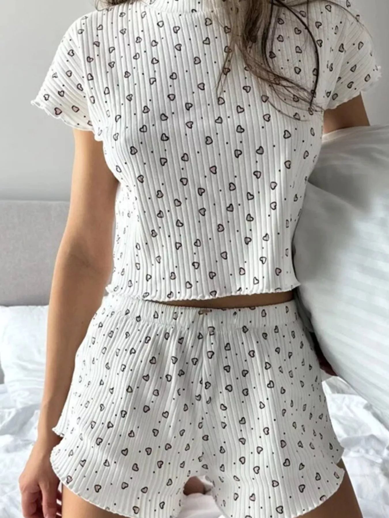 Women's Loungewear Set Heart Print Ribbed Knit