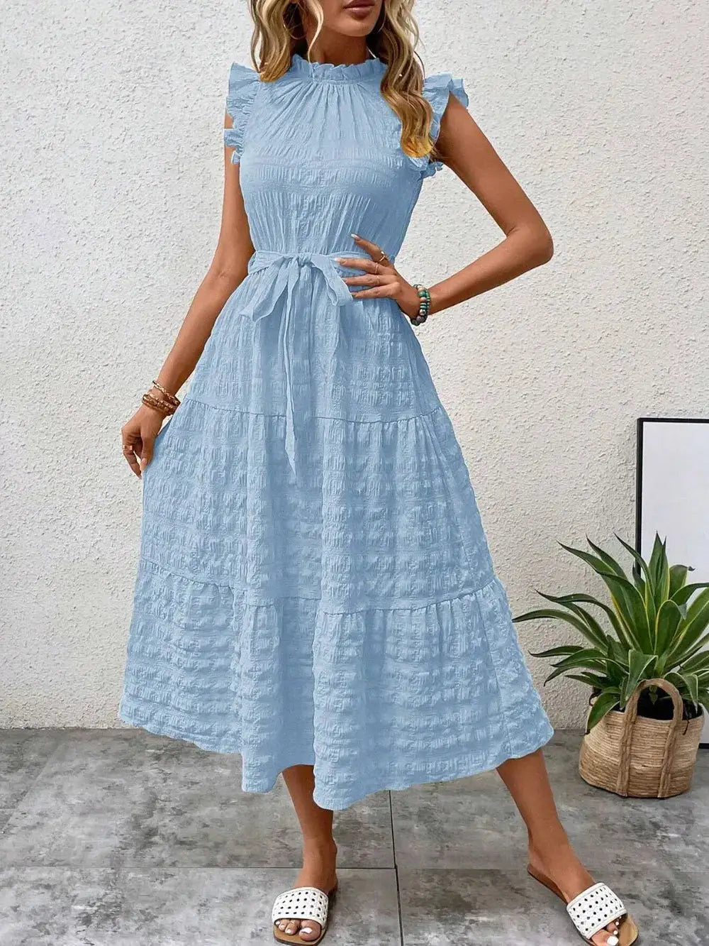 Tied Ruffled Cap Sleeve Midi Dress Trendsi